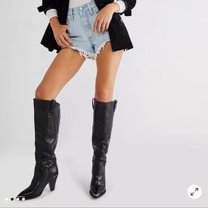 New Free People Stevie Boot Black Tall Pointed Toe Leather Boots US 6.5